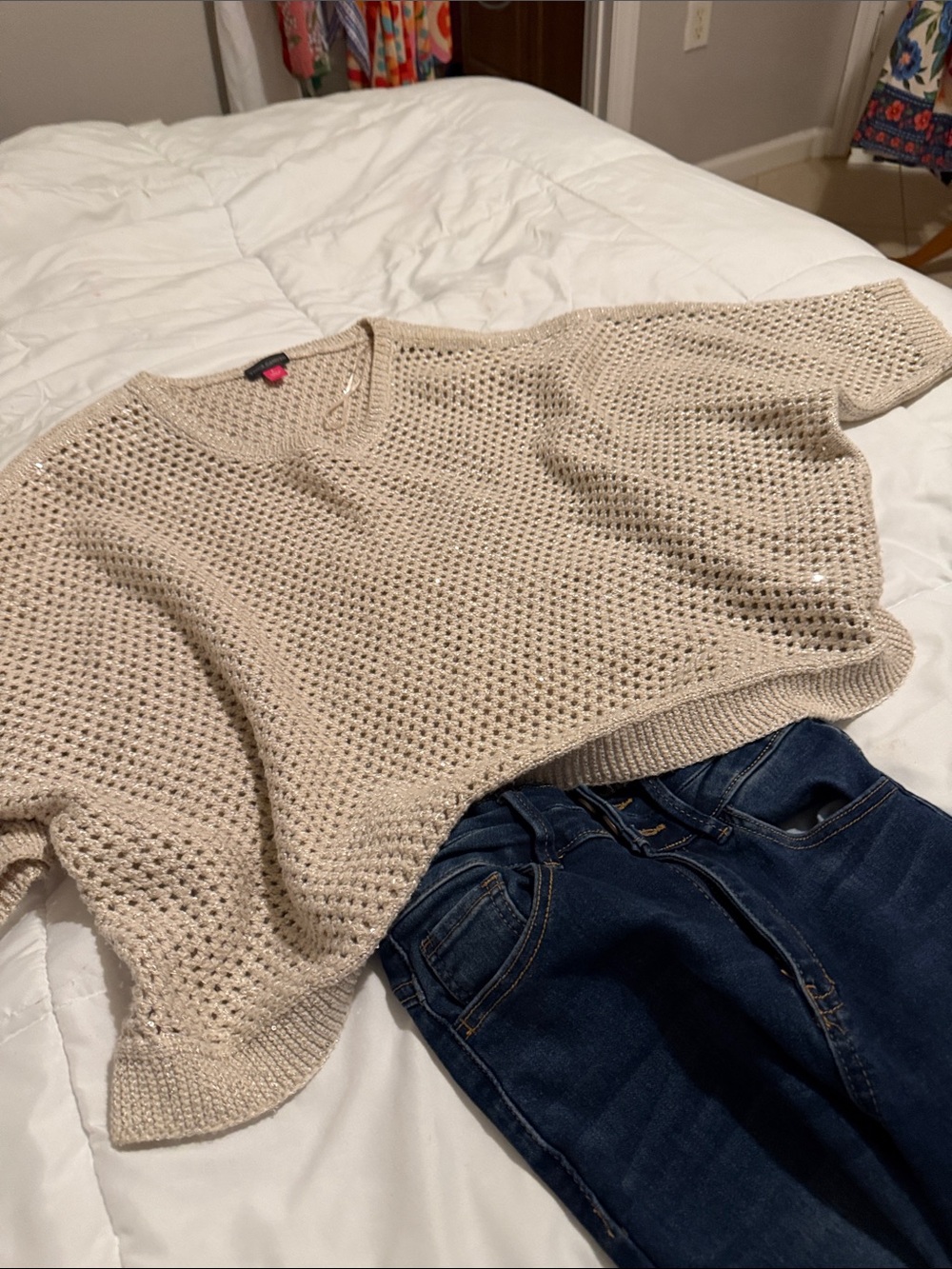 Vince Camuto Beige Open-Knit Short Sleeve Sweater